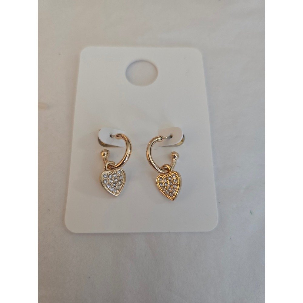 Gold Tone PavΓ© Heart Dangle Huggie Hoop Earrings Clear Crystal NWT